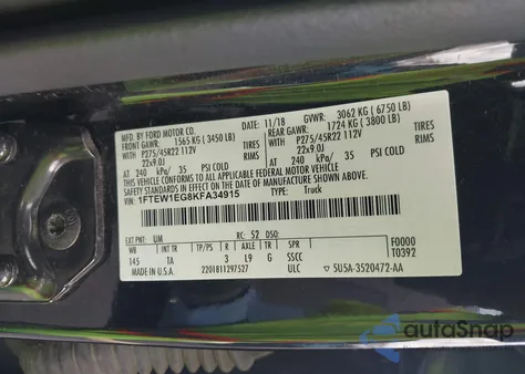 2019 Ford F-150 Limited from USA, damaged, VIN 1FTEW1EG8KFA34915